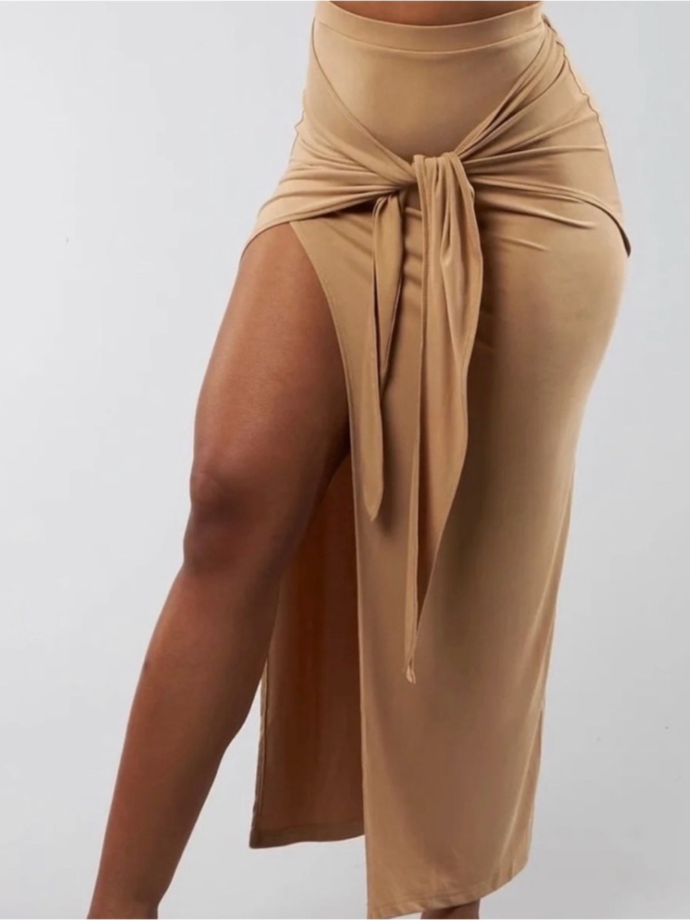 TWO BuffBunny Tan and White High-Slit Tie-Waist Maxi Skirt Lot